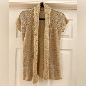 Dress Barn Short Sleeve Open Cardigan Tan Loose knit shawl Collar sz small
